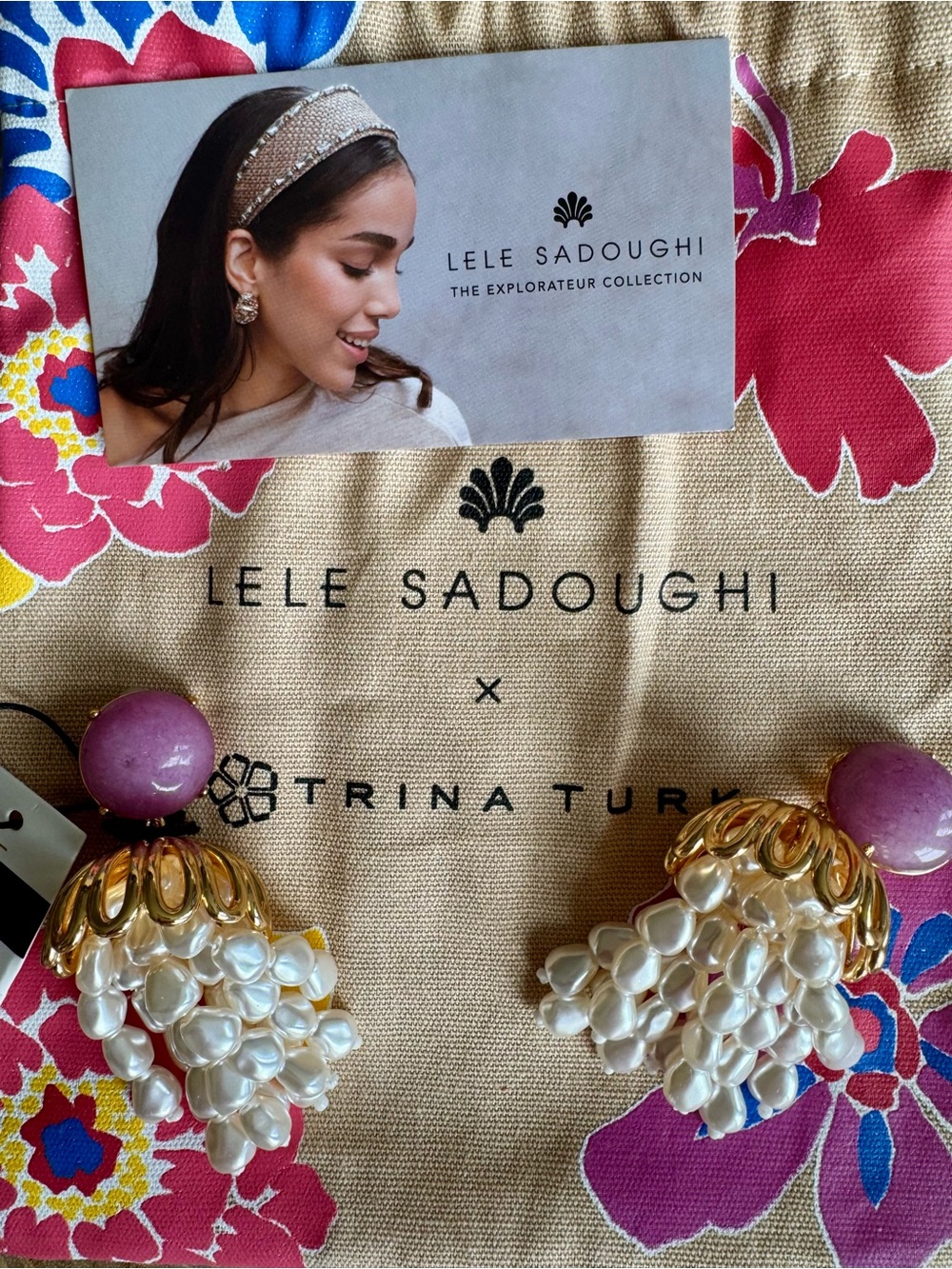 Lele Sadoughi Purple Gold Pearl Cluster Drop Earrings - Picture 1 of 5